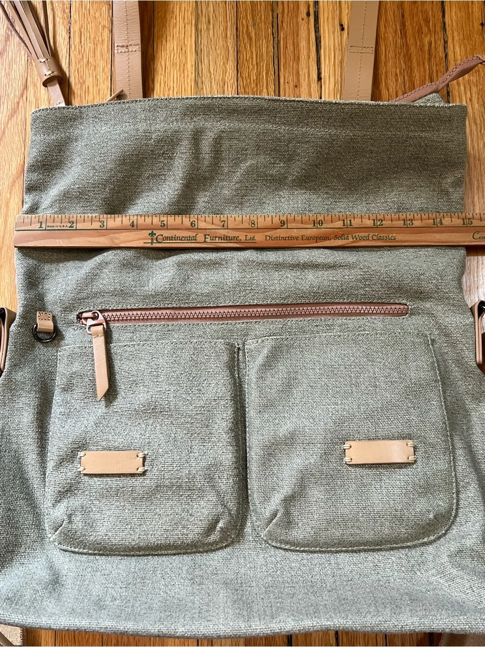 Sherpani Sage Green Canvas Messenger Bag with Tan Accents, Laptop or Travel